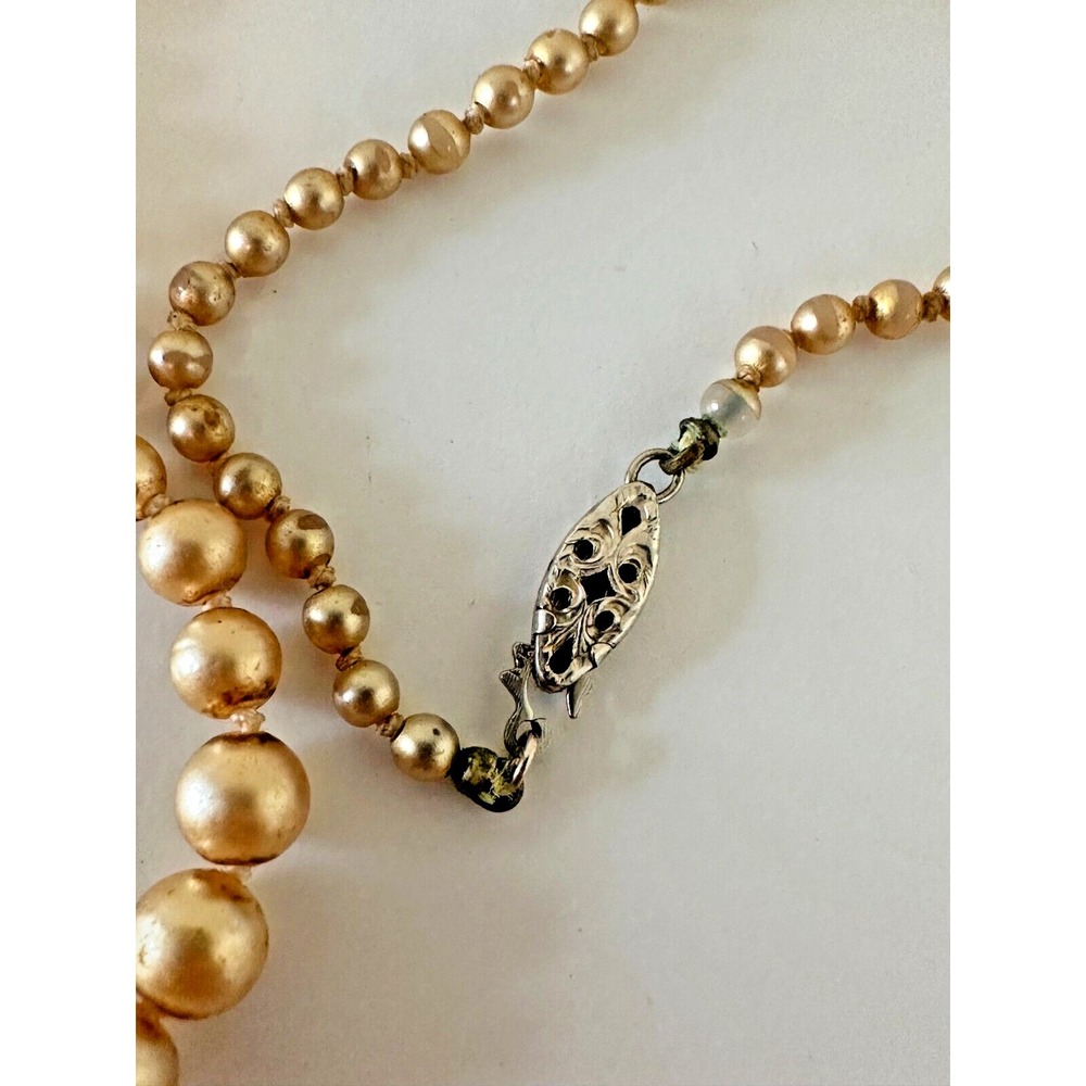 10k Gold Fish Hook Clasp Imitation Pearl Necklace 18" Tan Beads VTG